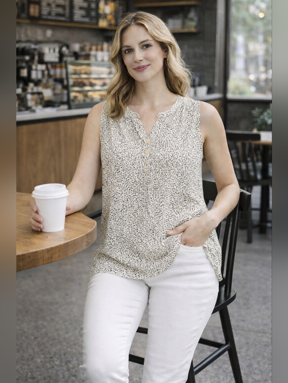 Liz Claiborne Sleeveless Blouse M Neutral Print Flowy Top Work Casual Chic - Picture 5 of 10